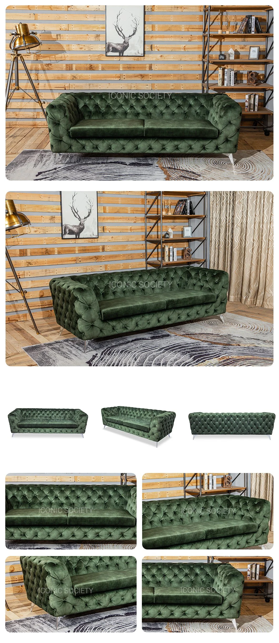 Modern Living Room Furniture Hotel Luxury Leisure Button Tufted Chesterfield Couch Velvet Fabric Sofa Set Furniture